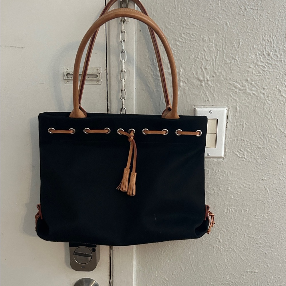 Black Tote Bag with Tan Leather Trim - Classic Everyday Handbag